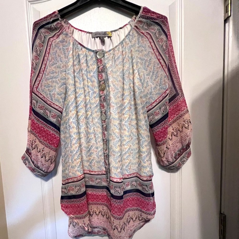 Figueroa & Flower Women's Top-Size Small-Flowy-White Multi Color-3/4 Sleeve-